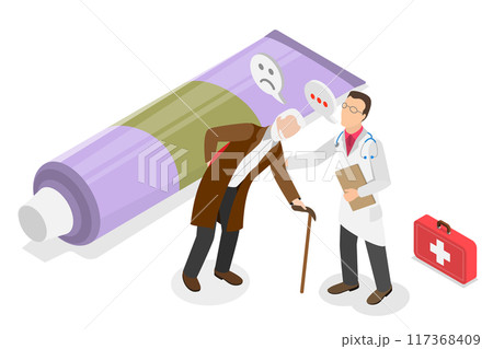 3D Isometric Flat Illustration of Sore Back Treatment, Backache, Health and Medicine 3D Isometric Flat Illustration of Sore Back Treatment, Backache, Health and Medicine 117368409