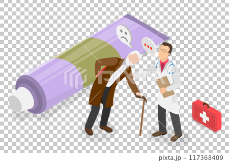 3D Isometric Flat Illustration of Sore Back Treatment, Backache, Health and Medicine 3D Isometric Flat Illustration of Sore Back Treatment, Backache, Health and Medicine 117368409