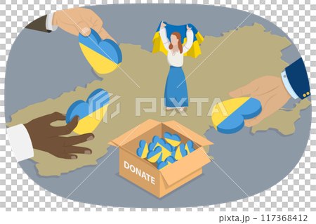 3D Isometric Flat  Illustration of Charity For Ukraine, Hope, Solidarity, Aid for Refugees 117368412