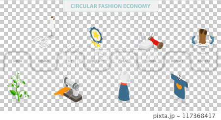 3D Isometric Flat Illustration of Circular Fashion Economy, Fabric Recycling for Reducing Waste 3D Isometric Flat Illustration of Circular Fashion Economy, Fabric Recycling for Reducing Waste 117368417