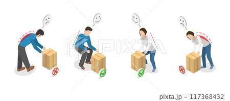 3D Isometric Flat  Illustration of Posture While Weight Lifting, Correct and Incorrect Human Poses 117368432
