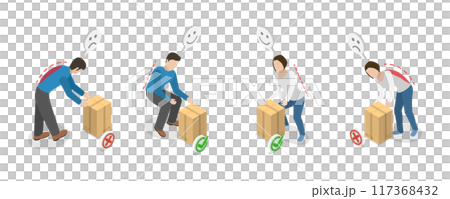 3D Isometric Flat  Illustration of Posture While Weight Lifting, Correct and Incorrect Human Poses 117368432