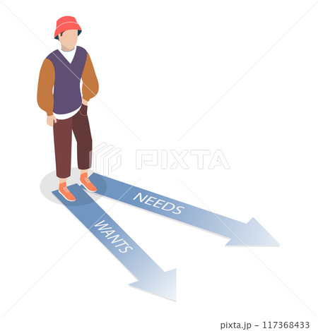 3D Isometric Flat  Illustration of Need Vs Want, Internal Conflict 117368433