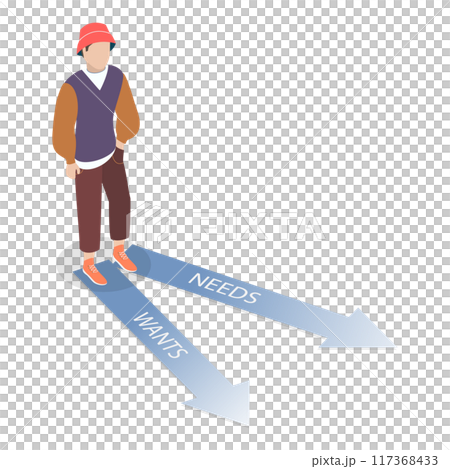3D Isometric Flat  Illustration of Need Vs Want, Internal Conflict 117368433