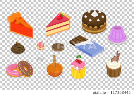 3D Isometric Flat  Set of Sweets And Desserts, Baking Food, Sweet Creamy Pastry 117368446