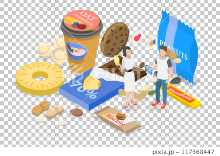 3D Isometric Flat  Illustration of Healthy Food, Preservative Free Organic Snacks 117368447