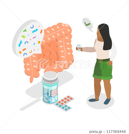 3D Isometric Flat  Illustration of Probiotic Health Benefits, Human Flora Good Microorganisms 117368448