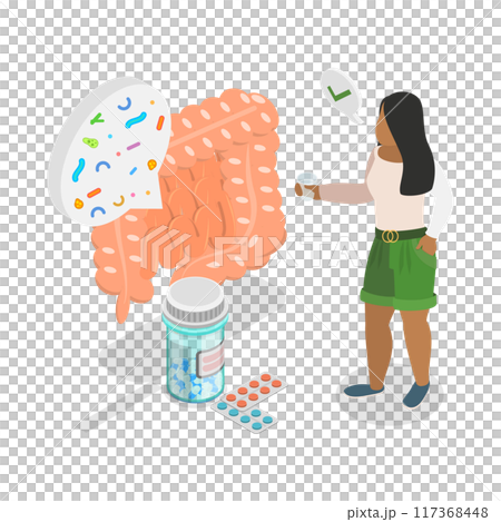 3D Isometric Flat  Illustration of Probiotic Health Benefits, Human Flora Good Microorganisms 117368448