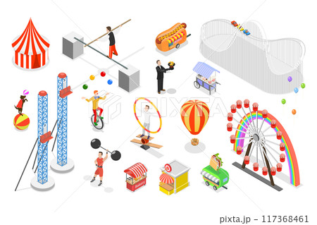 3D Isometric Flat  Set of Circus Attributes, Street Performer Items and Characters 117368461
