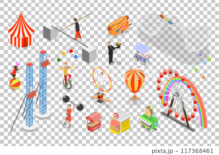 3D Isometric Flat  Set of Circus Attributes, Street Performer Items and Characters 117368461
