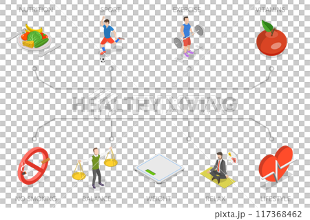 3D Isometric Flat Illustration of Healthy Living, Energetic and Natural Lifestyle 3D Isometric Flat Illustration of Healthy Living, Energetic and Natural Lifestyle 117368462