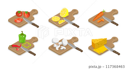 3D Isometric Flat  Set of Cooking Food Process, Meat, Fish, Vegetable Chopping Slices on a Board 117368463