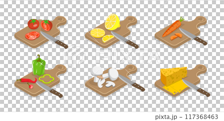 3D Isometric Flat  Set of Cooking Food Process, Meat, Fish, Vegetable Chopping Slices on a Board 117368463
