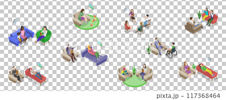3D Isometric Flat  Set of Psychotherapy Session Scenes, Mental Health 117368464