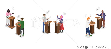 3D Isometric Flat Illustration of Political Debates, Stage Communication with Arguments 3D Isometric Flat Illustration of Political Debates, Stage Communication with Arguments 117368470