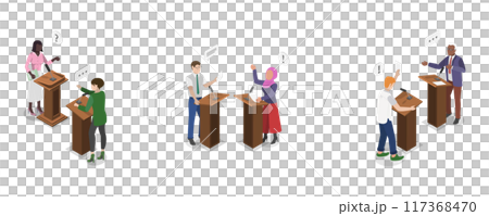 3D Isometric Flat Illustration of Political Debates, Stage Communication with Arguments 3D Isometric Flat Illustration of Political Debates, Stage Communication with Arguments 117368470