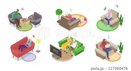 3D Isometric Flat  Illustration of Senior People Rest At Home, Retiree Lifestyle 117368476