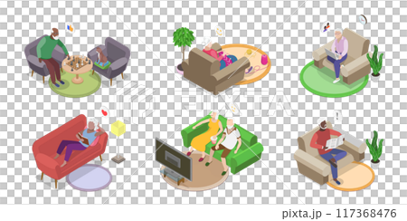 3D Isometric Flat  Illustration of Senior People Rest At Home, Retiree Lifestyle 117368476