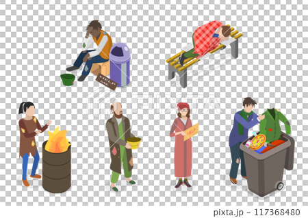 3D Isometric Flat  Set of Homeless People, Poverty, Unemployed and Refugees 117368480