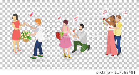 3D Isometric Flat  Illustration of Marriage Proposal Rejection, Wedding Refusal 117368481