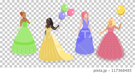 3D Isometric Flat  Set of Princess Characters, Beautiful Girlish Dress 117368485