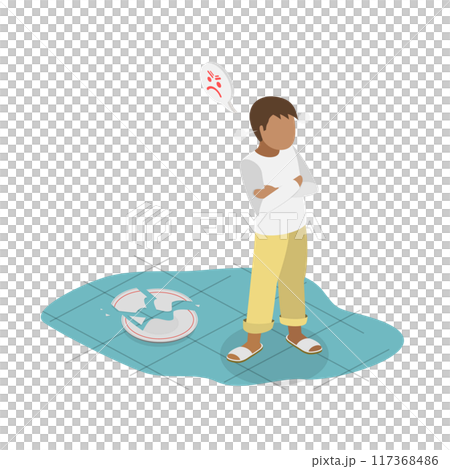 3D Isometric Flat  Illustration of Naughty Angry Child, Unobedient Little Boy 117368486