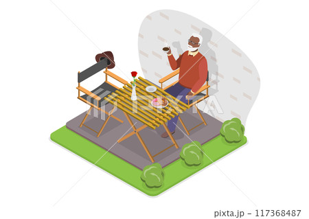 3D Isometric Flat  Illustration of Cute Elderly Man Relaxing In Coffee House, Happy Life of Older People 117368487