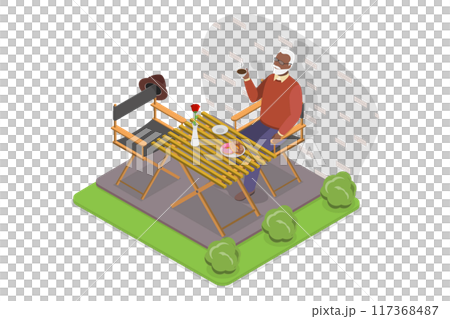 3D Isometric Flat  Illustration of Cute Elderly Man Relaxing In Coffee House, Happy Life of Older People 117368487