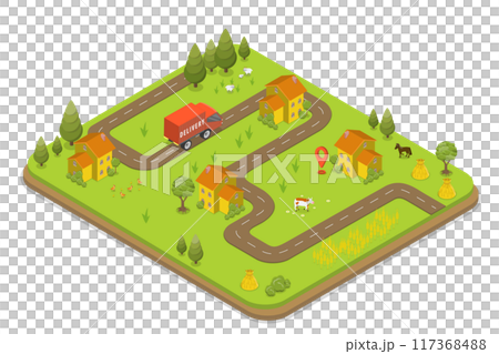 3D Isometric Flat Illustration of Delivery Service In Rural Area, Summer Landscape 3D Isometric Flat Illustration of Delivery Service In Rural Area, Summer Landscape 117368488