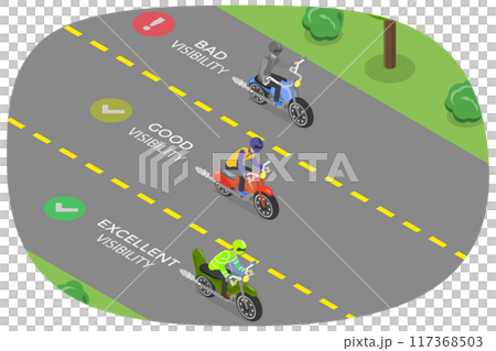 3D Isometric Flat  Illustration of Visibility Of Motorcycle Rider, Safety Ttips and Rules 117368503