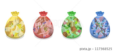 3D Isometric Flat  Illustration of Transparent Trash Bags, Waste Separation 117368525