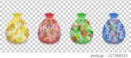 3D Isometric Flat  Illustration of Transparent Trash Bags, Waste Separation 117368525