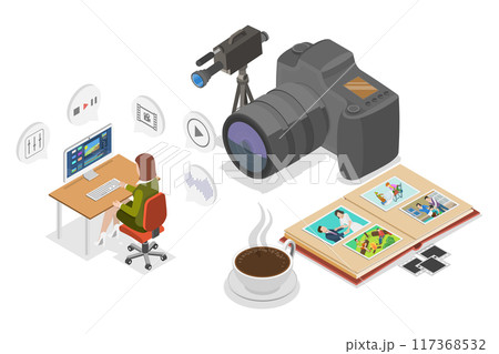 3D Isometric Flat Illustration of Professional Videomaker, Footage Production 3D Isometric Flat Illustration of Professional Videomaker, Footage Production 117368532
