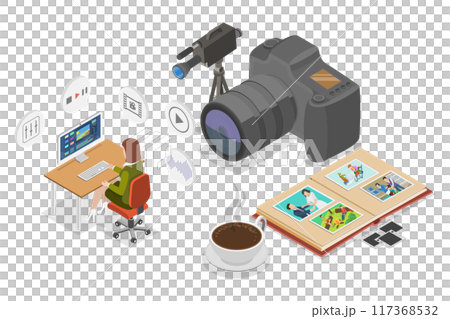 3D Isometric Flat Illustration of Professional Videomaker, Footage Production 3D Isometric Flat Illustration of Professional Videomaker, Footage Production 117368532