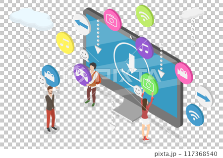 3D Isometric Flat  Illustration of Free Download, File Transfer 117368540