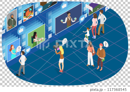 3D Isometric Flat  Illustration of Modern Art Museum, Online Exhibition Tours 117368545