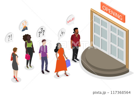 3D Isometric Flat  Illustration of Sale, Line of Customers Waiting Store Opening at Entrance 117368564