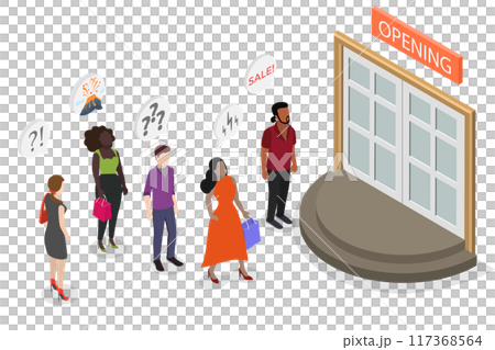 3D Isometric Flat Illustration of Sale, Line of Customers Waiting Store Opening at Entrance 3D Isometric Flat Illustration of Sale, Line of Customers Waiting Store Opening at Entrance 117368564