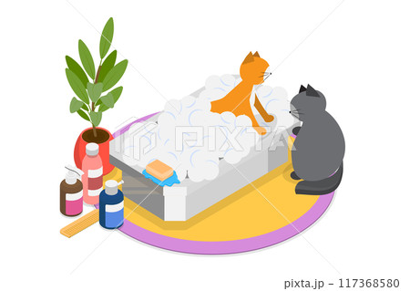 3D Isometric Flat  Illustration of Pet Hygienic Procedures, Pet Grooming 117368580