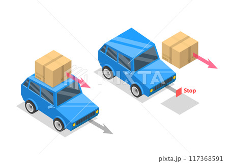 3D Isometric Flat Illustration of Newtons First Law Motion, Educational Physic Example 3D Isometric Flat Illustration of Newtons First Law Motion, Educational Physic Example 117368591