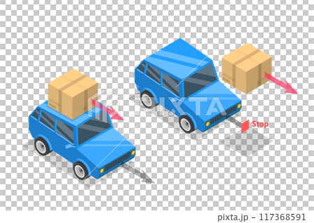 3D Isometric Flat Illustration of Newtons First Law Motion, Educational Physic Example 3D Isometric Flat Illustration of Newtons First Law Motion, Educational Physic Example 117368591