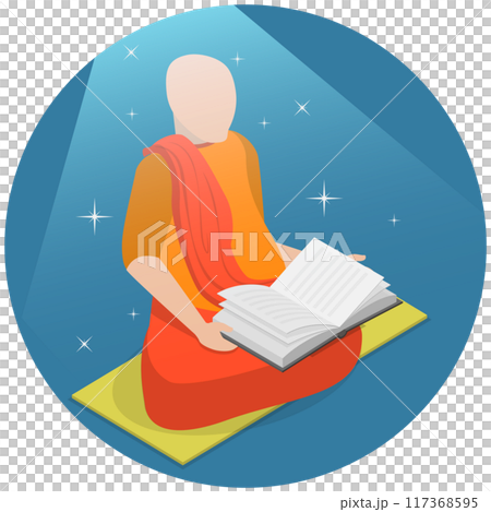 3D Isometric Flat  Illustration of Buddhist Monk, Searching for Wisdom 117368595