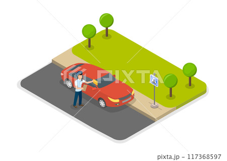 3D Isometric Flat  Illustration of Parking Fine, Police Officer Issues a Ticket for Illegal Parking 3D Isometric Flat  Illustration of Parking Fine, Police Officer Issues a Ticket for Illegal Parking 117368597