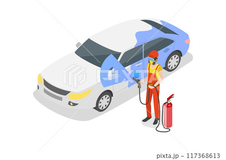 3D Isometric Flat Illustration of Painting Vehicle, Painter with Airbrush Gun Spray 3D Isometric Flat Illustration of Painting Vehicle, Painter with Airbrush Gun Spray 117368613