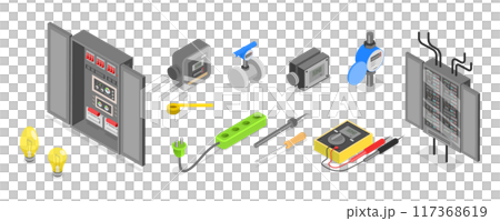 3D Isometric Flat  Set of Tools Of Electrician, Professional Equipment 117368619