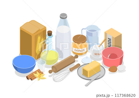 3D Isometric Flat Set of Cooking Ingredients, Collection of Baking Items 3D Isometric Flat Set of Cooking Ingredients, Collection of Baking Items 117368620