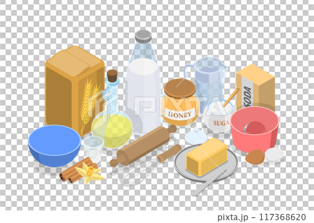 3D Isometric Flat  Set of Cooking Ingredients, Collection of Baking Items 117368620