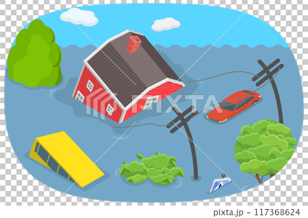3D Isometric Flat  Illustration of Flooded City, Natural Disaster, Weather Hazard 117368624
