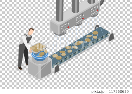 3D Isometric Flat  Illustration of Potato Chips Manufacturing Process, Assembling Line on Plant 117368639
