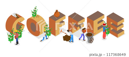 3D Isometric Flat  Illustration of Coffee Banner, Process of Production and Processing 117368649
